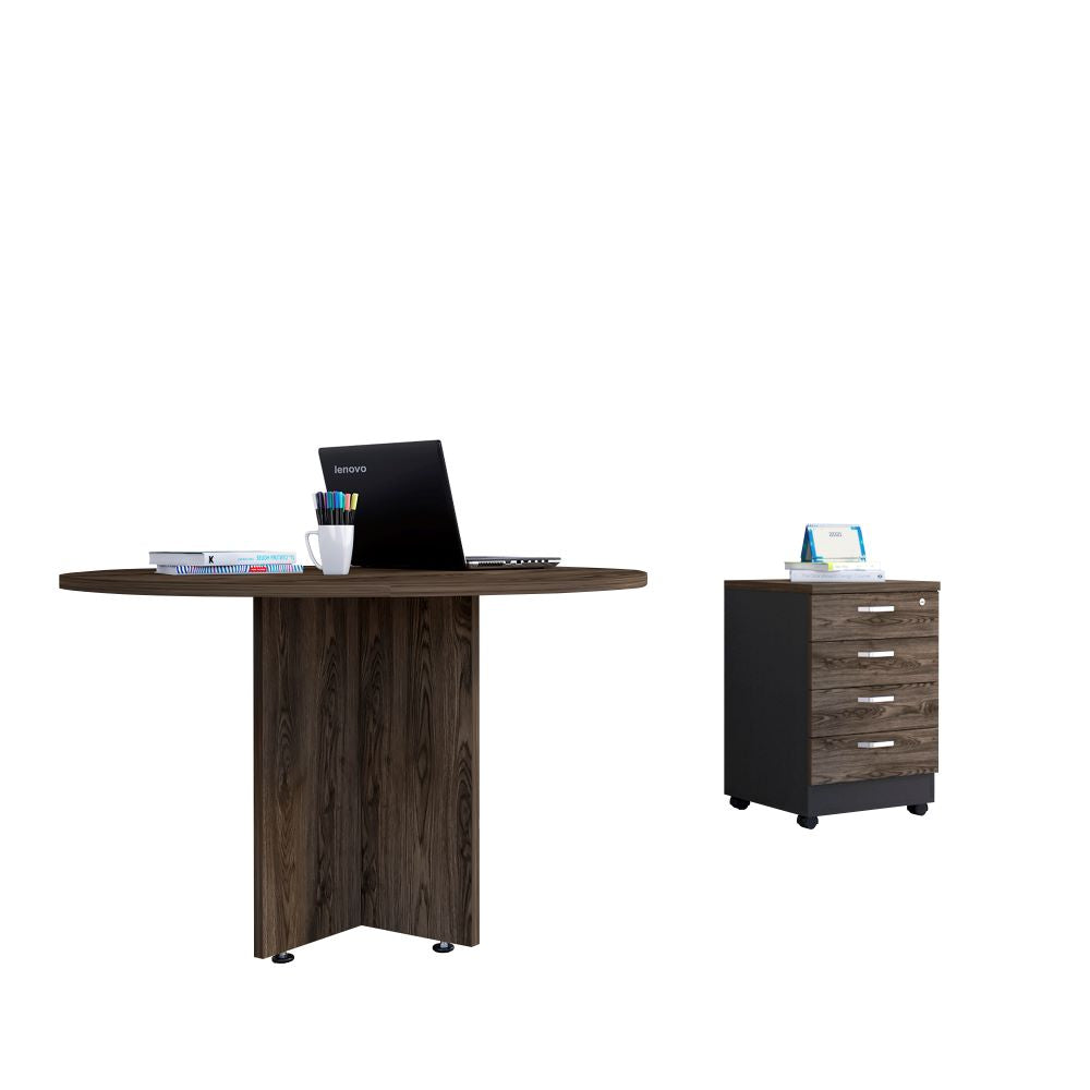 Mesa Redonda M-120 + Archivador 4C Home Office Color Negro Soft y Coñac Para Oficina